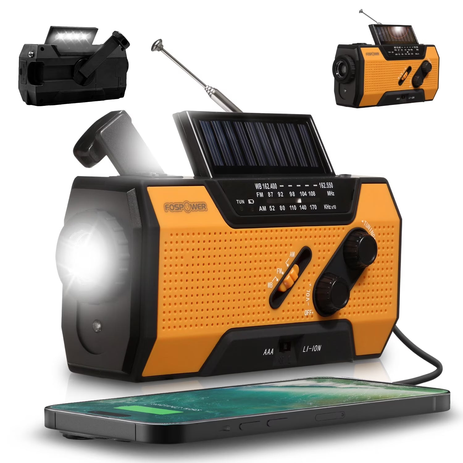 Emergency Solar Crank Portable Radio with LED Flashlight & USB Port, Black