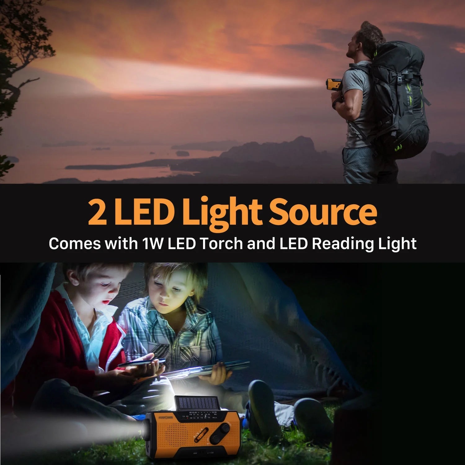 Emergency Solar Crank Portable Radio with LED Flashlight & USB Port, Black