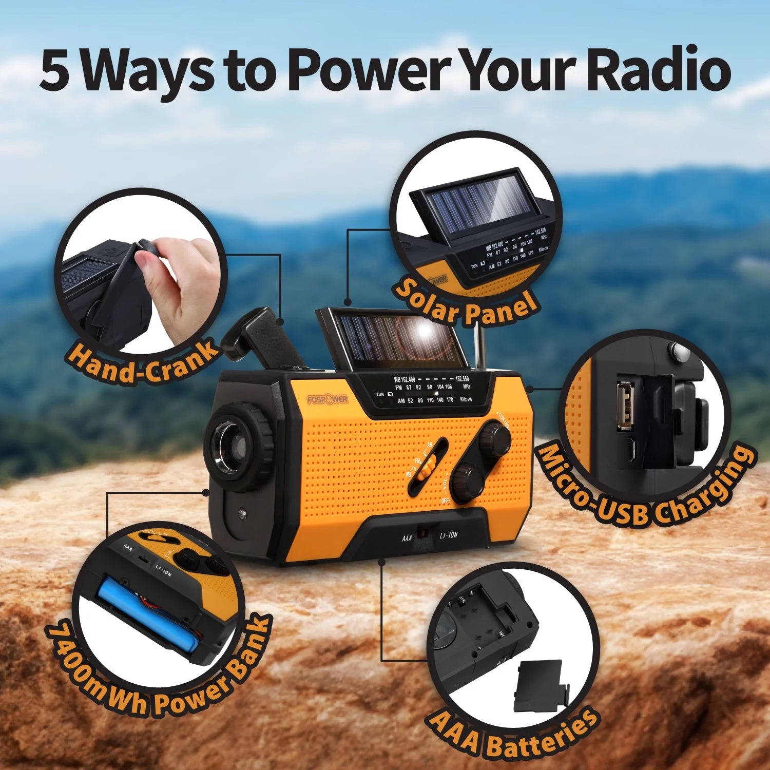 Emergency Solar Crank Portable Radio with LED Flashlight & USB Port, Black