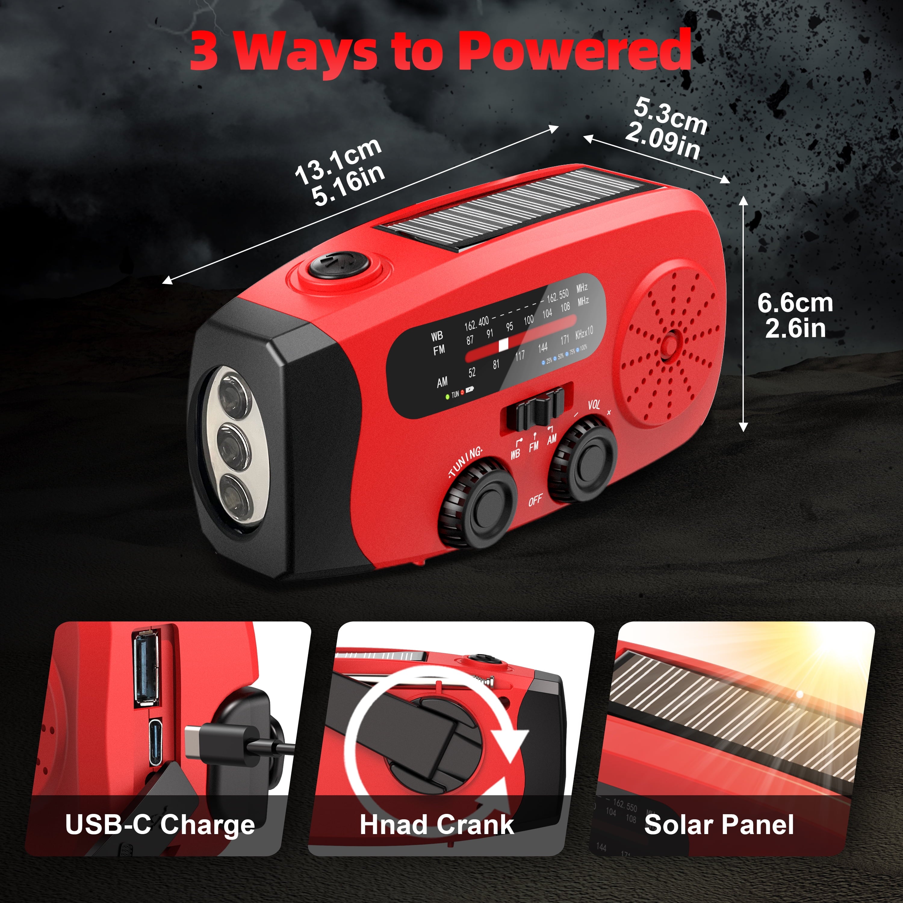 Emergency Hand Crank Radio,7400Mwh AM/FM/NOAA Solar Radio with USB Charged and LED Flashlights for Hurricane