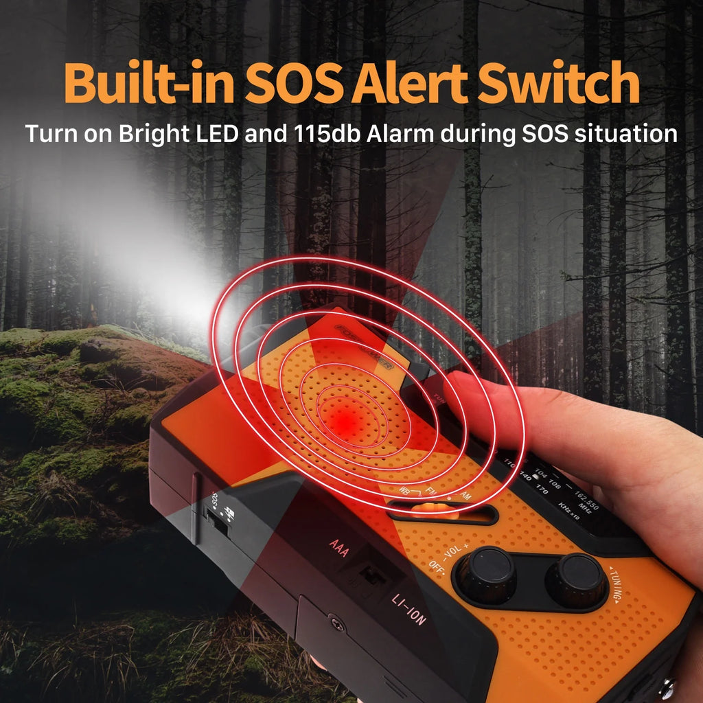 Emergency Solar Crank Portable Radio with LED Flashlight & USB Port, Black